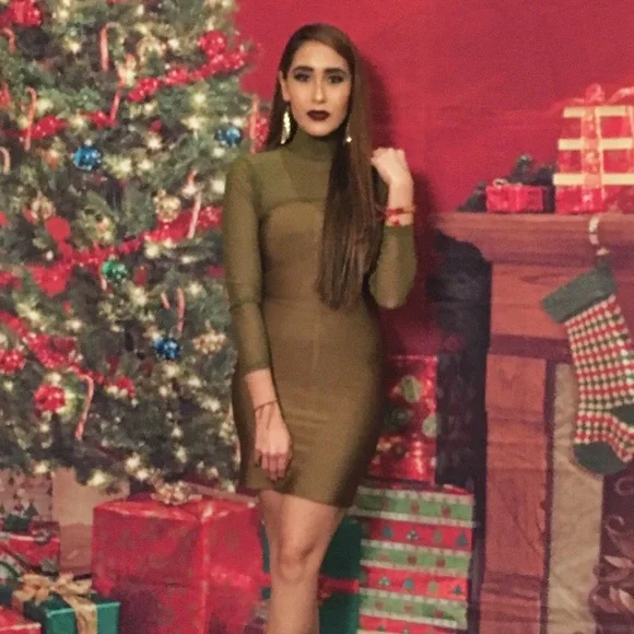 Hot Miami Styles Dresses | Olive Green Bandage Dress Mesh Top Long Sleeve | Color: Green | Size: M | Priscilastyle's Closet
